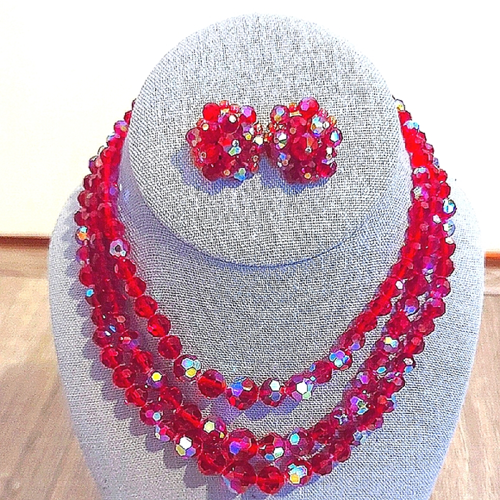 Vintage Three Strand Red Aura Borealis Necklace Earring Set